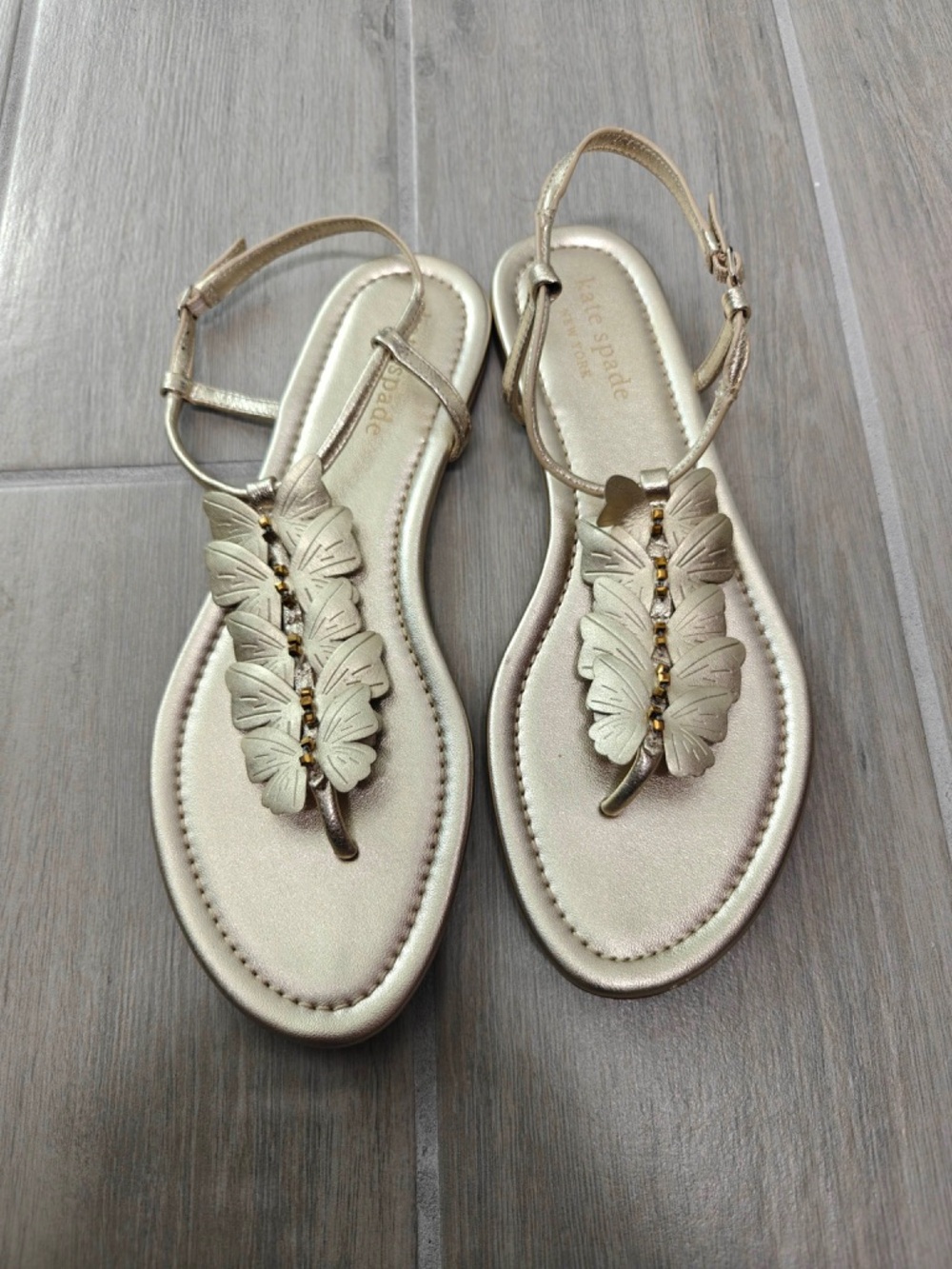 Kate Spade Metallic Gold Butterfly T-Strap Sandals